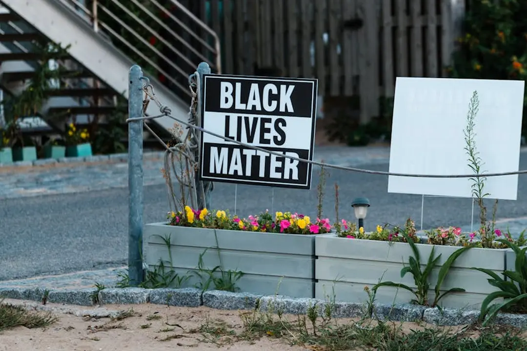 Black Lives Matter sign displayed on a metal fence next to a small garden bed with a blank sign nearby.