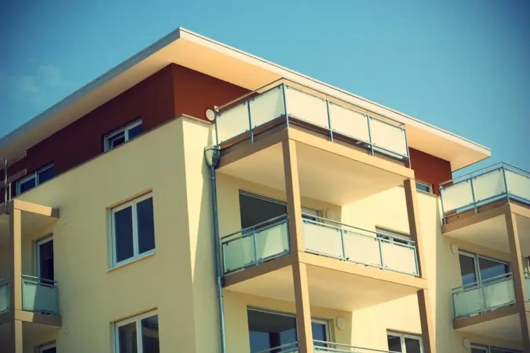 Modern multi-story apartment building with glass-paneled balconies against a blue sky.