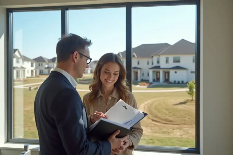 Two professionals discussing HOA documents in front of a large window overlooking a newly developed neighborhood.