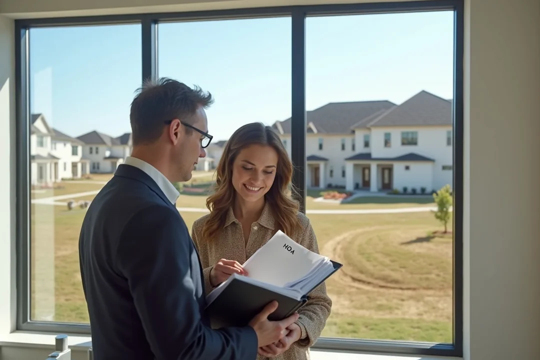 Two professionals discussing HOA documents in front of a large window overlooking a newly developed neighborhood.