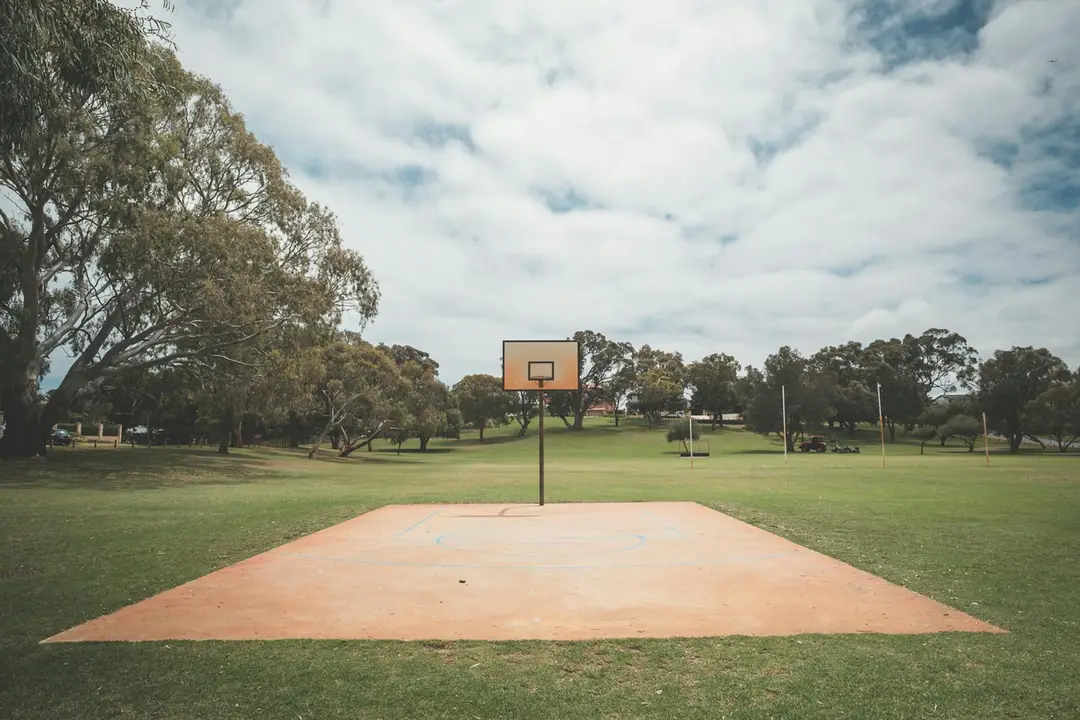 Outdoor park with a basketball hoop on a concrete court, surrounded by grass and trees under a partly cloudy sky.