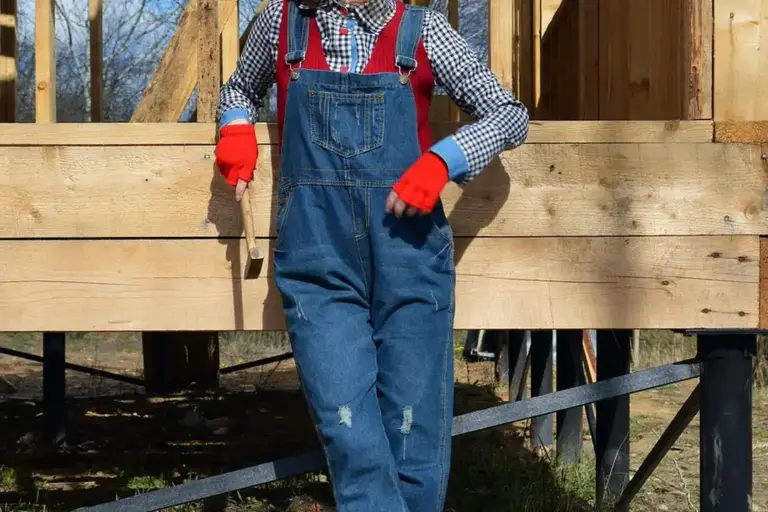 Construction worker wearing blue overalls and red gloves stands on a wooden building foundation under construction.