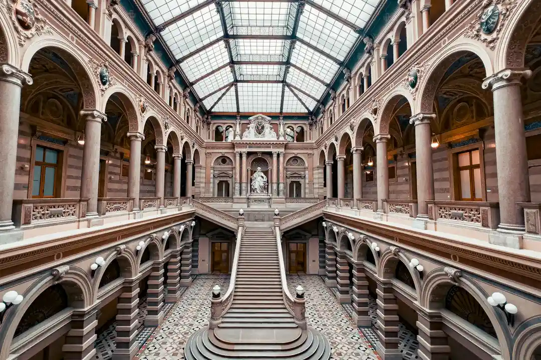 Interior of a grand multi-level hall with arches, a central staircase, and a glass skylight, evoking a formal courthouse-like setting.