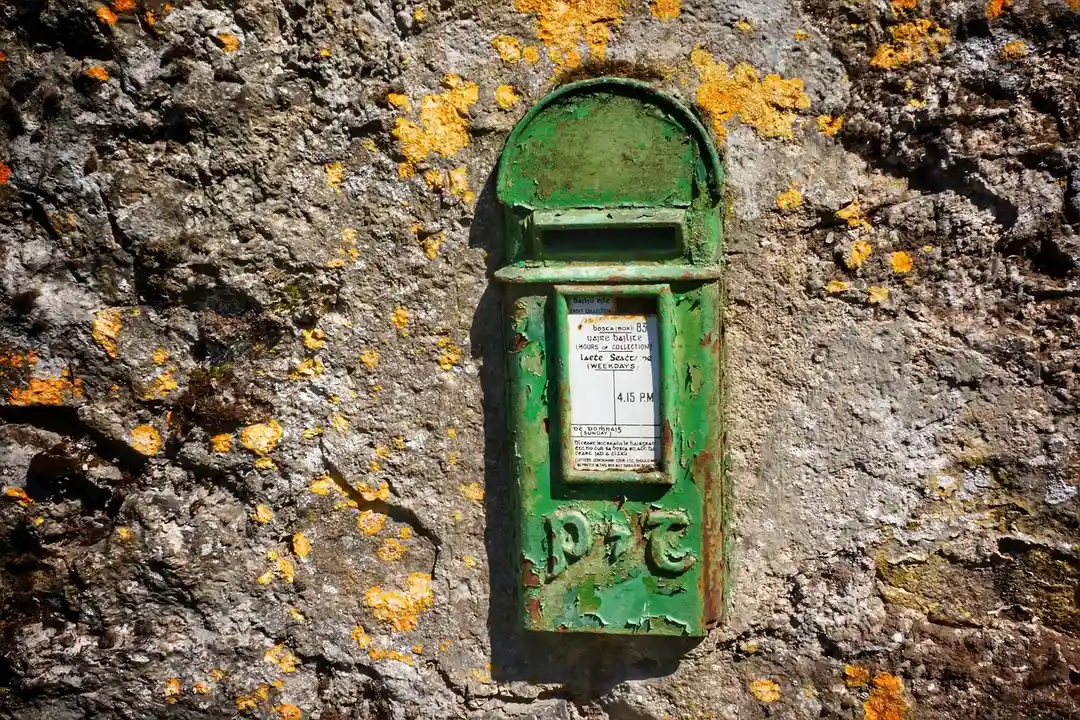 Green metal mailbox mounted on a textured wall with orange lichen, suggesting mail-in nomination submissions.