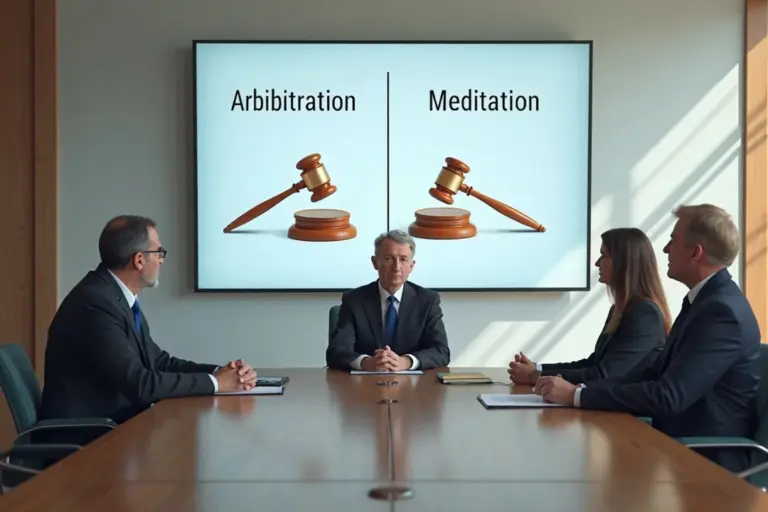 Boardroom scene with four professionals discussing arbitration and mediation for HOA disputes; the screen behind them displays 'Arbitration' and 'Mediation' with gavels.