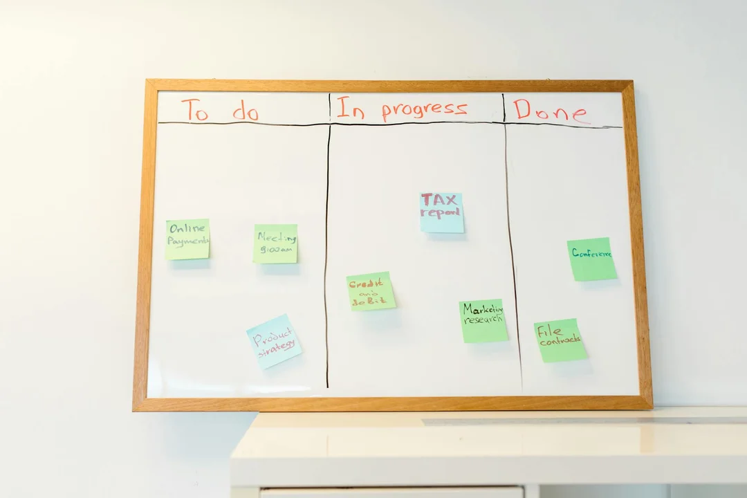 A wooden-framed whiteboard with three columns labeled 'To do', 'In progress', and 'Done', covered in colorful sticky notes.