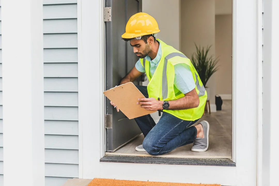 A construction worker wearing a yellow hard hat and reflective vest kneels at a doorway, examining a clipboard.