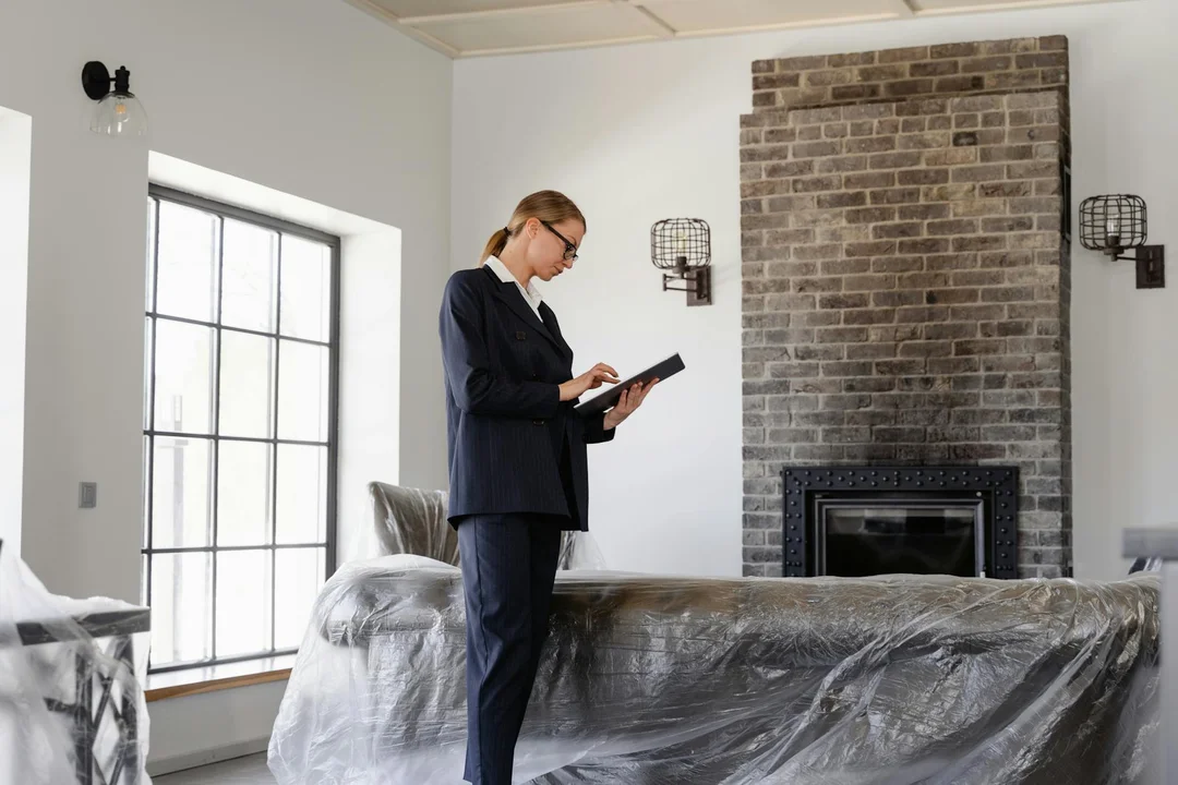 A professional contractor in a dark suit stands with a clipboard in a living room with plastic-covered furniture and a brick fireplace.