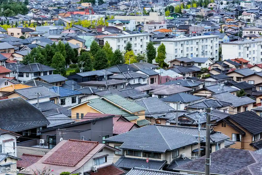 A dense suburban neighborhood with numerous rooftops and trees seen from above.