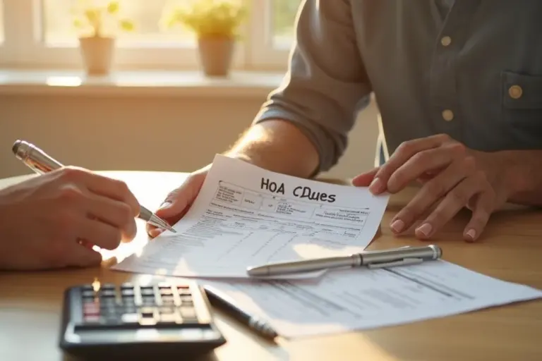 Two people review documents labeled HOA Fees at a sunlit desk, with a calculator and pens nearby.