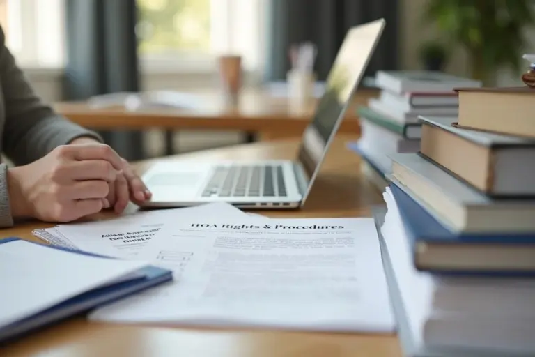 Person preparing for an HOA hearing, with a laptop, documents, and a stack of books on a desk.