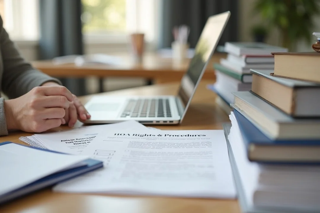 Person preparing for an HOA hearing, with a laptop, documents, and a stack of books on a desk.