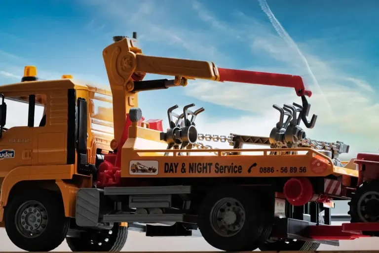 Orange tow truck carrying a vehicle on a flatbed under a blue sky