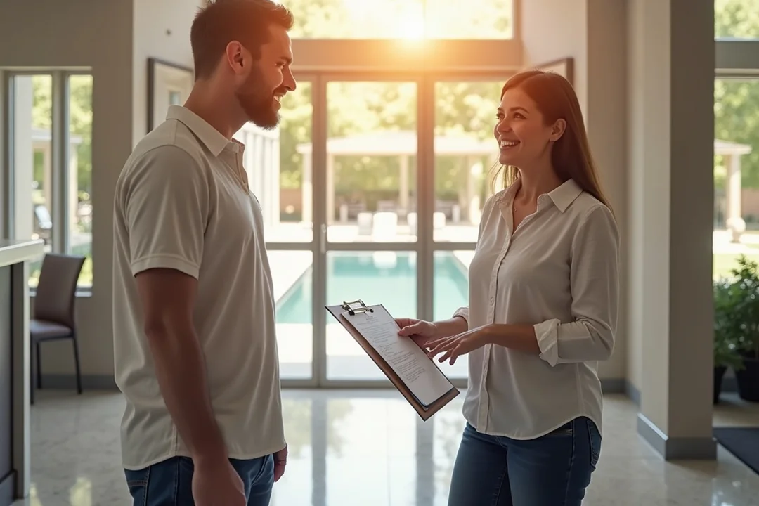 Two adults stand in a bright, modern lobby during a property tour; a man in a light polo shirt and a woman with a clipboard discuss HOA amenities, with sunlight streaming through large windows.