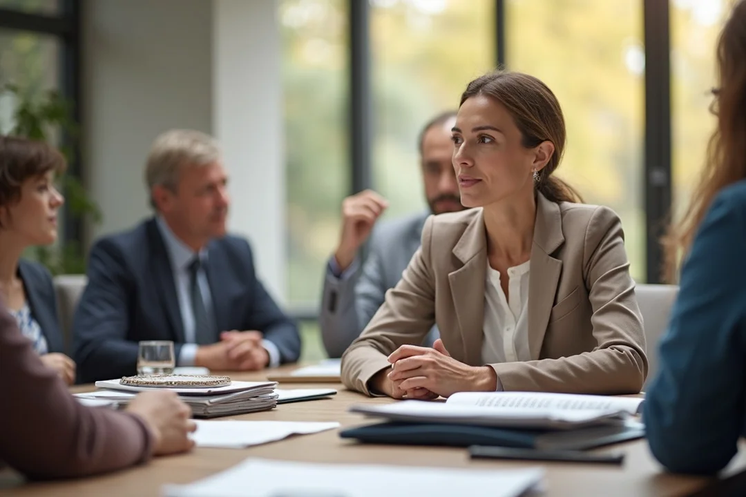 A group of professionals seated around a conference table in a bright office, with a woman in a beige blazer at the center looking toward a speaker, illustrating a discussion on governance and committee work.