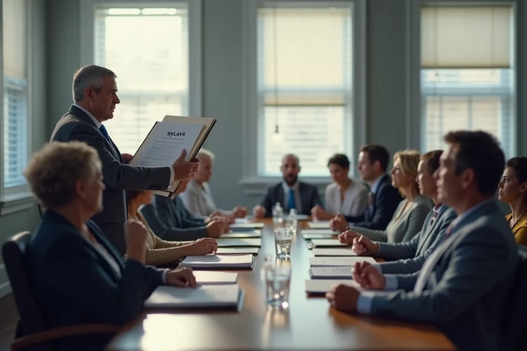 An HOA board meeting in a conference room, with a presenter standing at the head of the table holding a folder, while members listen.