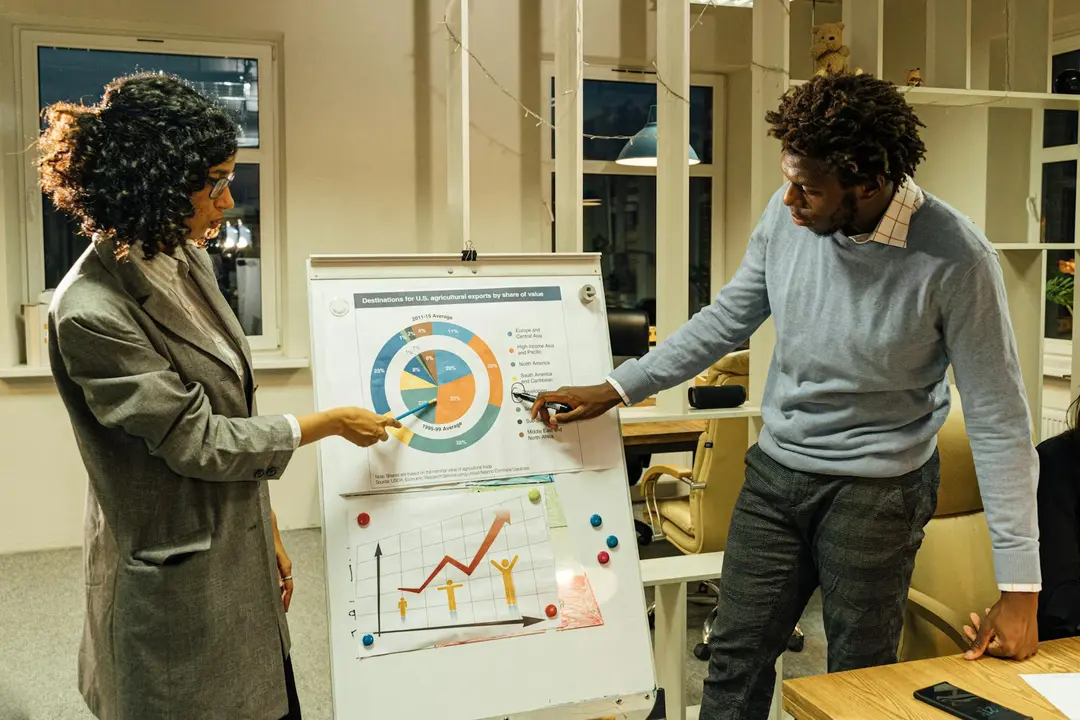 Two professionals discuss charts on a flip chart in an office, illustrating preparation for HOA board service.