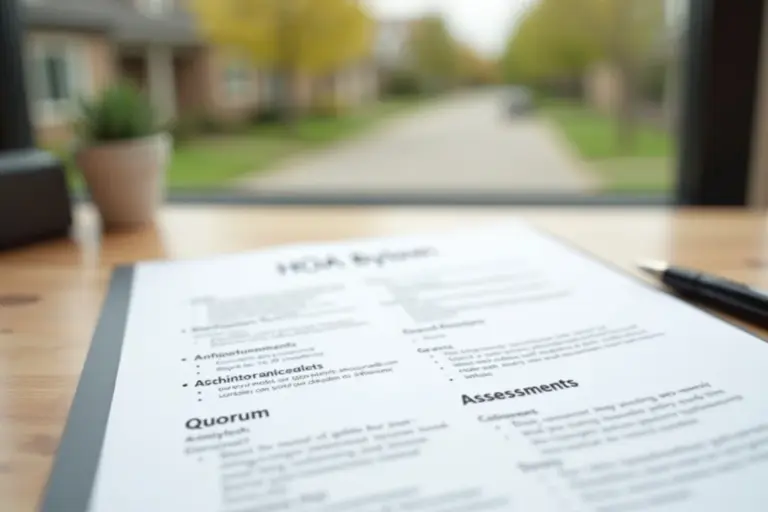 Close-up of an HOA bylaws document on a desk with a pen in the foreground