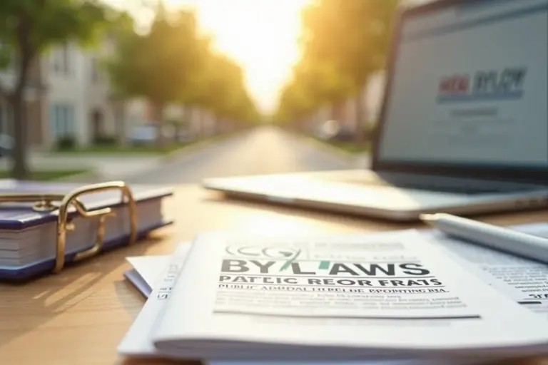 Close-up of HOA bylaws documents on a desk with a laptop in the background.