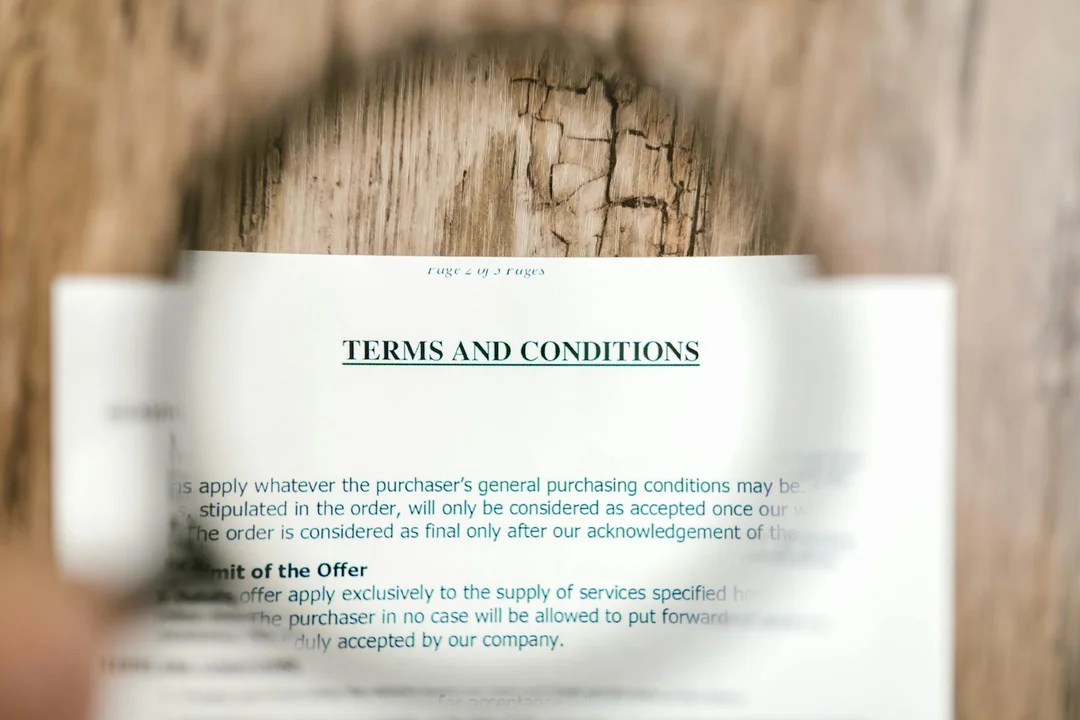 Close-up of a document with the words 'TERMS AND CONDITIONS' viewed through a magnifying glass
