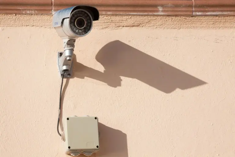 Exterior security camera mounted on a beige wall with a visible electrical box beneath it