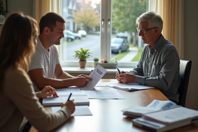 Three people sit around a conference table reviewing HOA violation documents in a bright room.