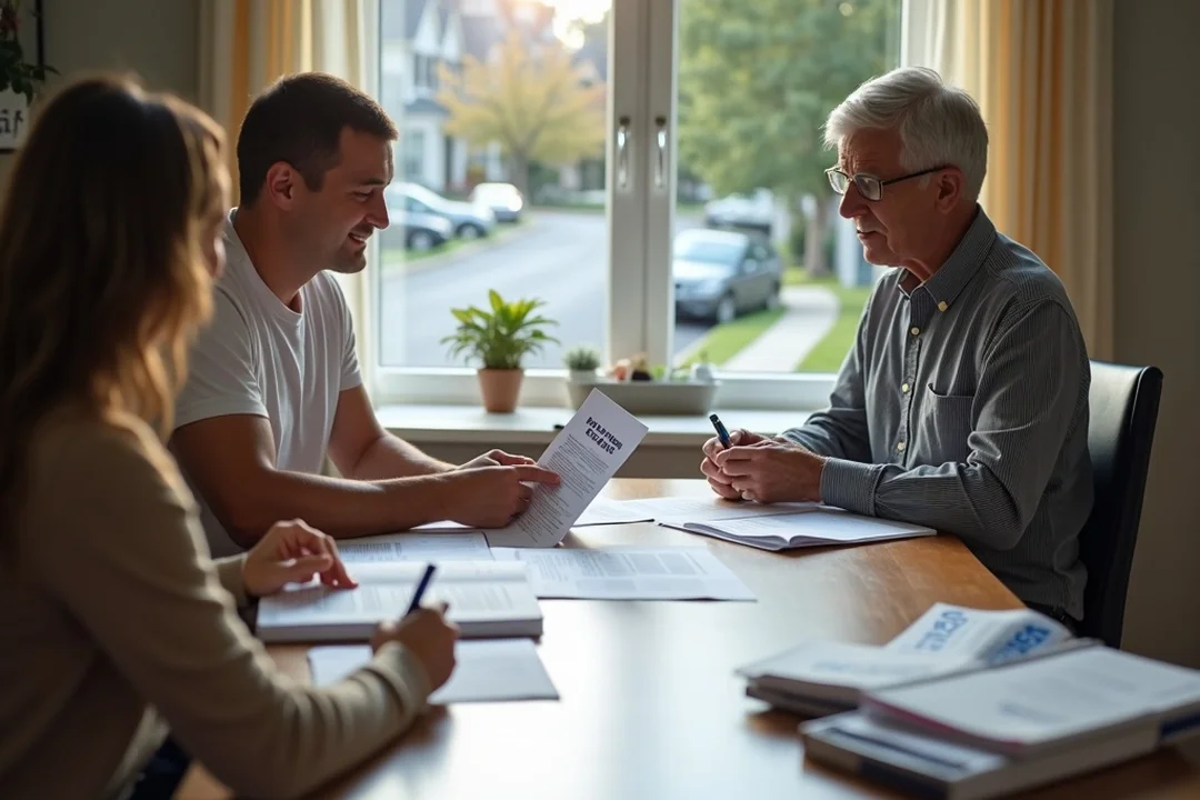 Three people sit around a conference table reviewing HOA violation documents in a bright room.