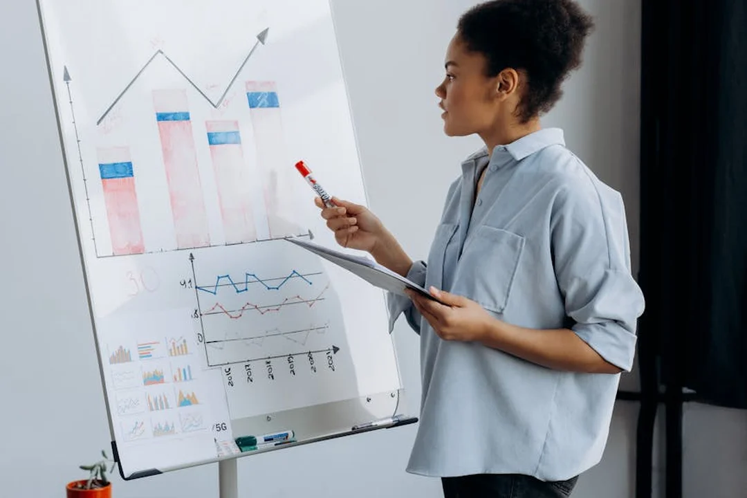 A person presenting charts on a flip chart in an office, illustrating budgeting and decision-making.