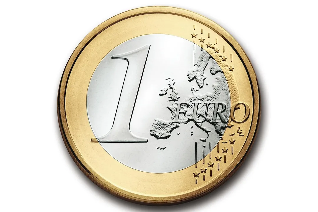Close-up of a two-tone 1 euro coin with a map of Europe.