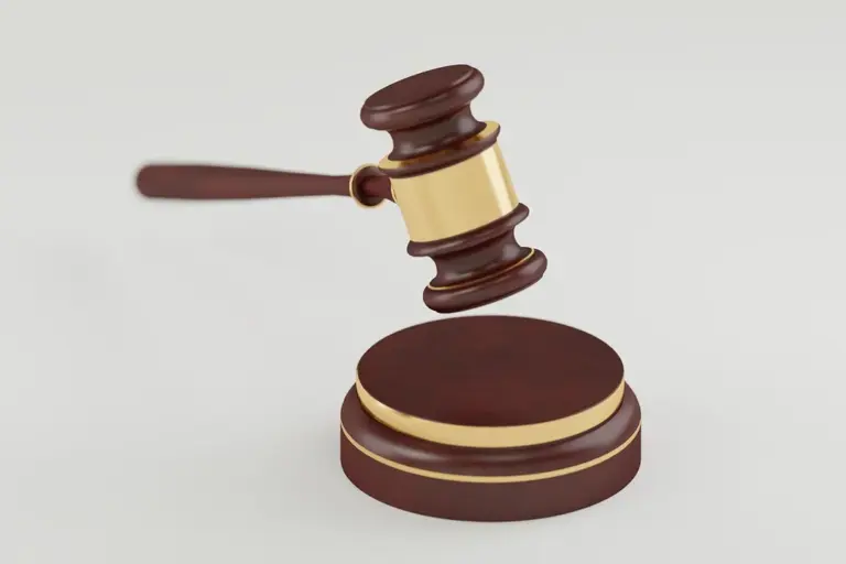 Wooden gavel in mid-swing over a sound block on a light background