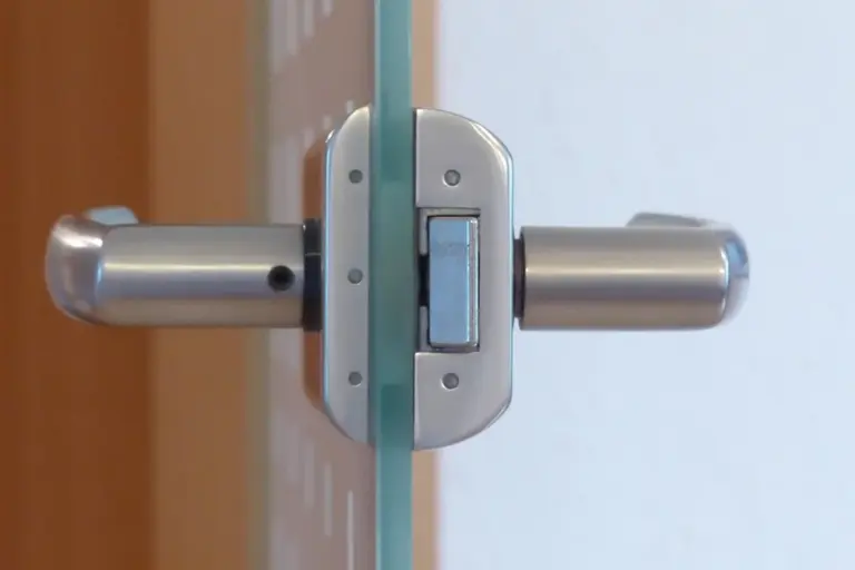Close-up of a modern door handle and lock on a glass door.