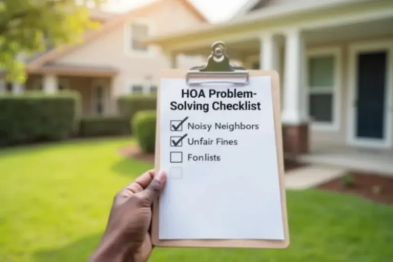 A person holds a clipboard with a HOA Problem-Solving Checklist, showing checked items for Noisy Neighbors and Unfair Fines, set in a sunny suburban neighborhood.
