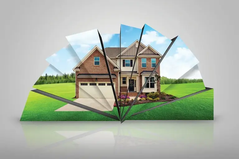 A suburban house appears through a shattered mirror effect, with multiple angled reflections on a green lawn and blue sky.