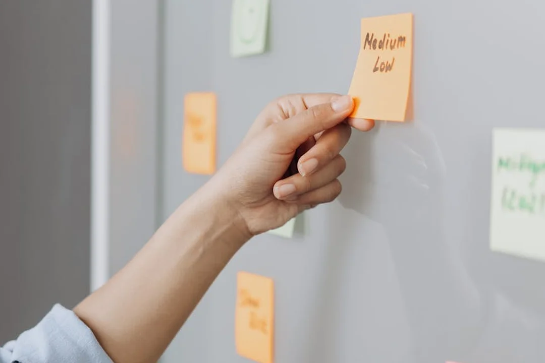 Close-up of a hand placing an orange sticky note labeled 'Medium Low' on a glass board during a planning session.