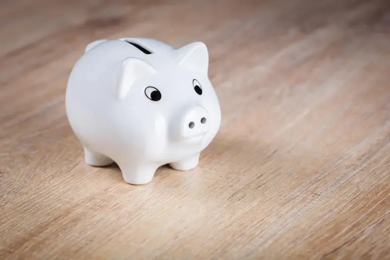 White ceramic piggy bank on a wooden surface