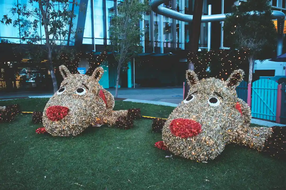Two light-covered reindeer holiday decorations on a grassy area near a modern building, with string lights in the background.