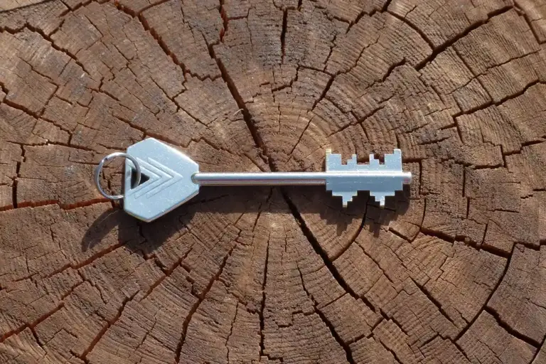 A white key shaped like a house rests on a weathered tree stump, symbolizing home ownership in an HOA.