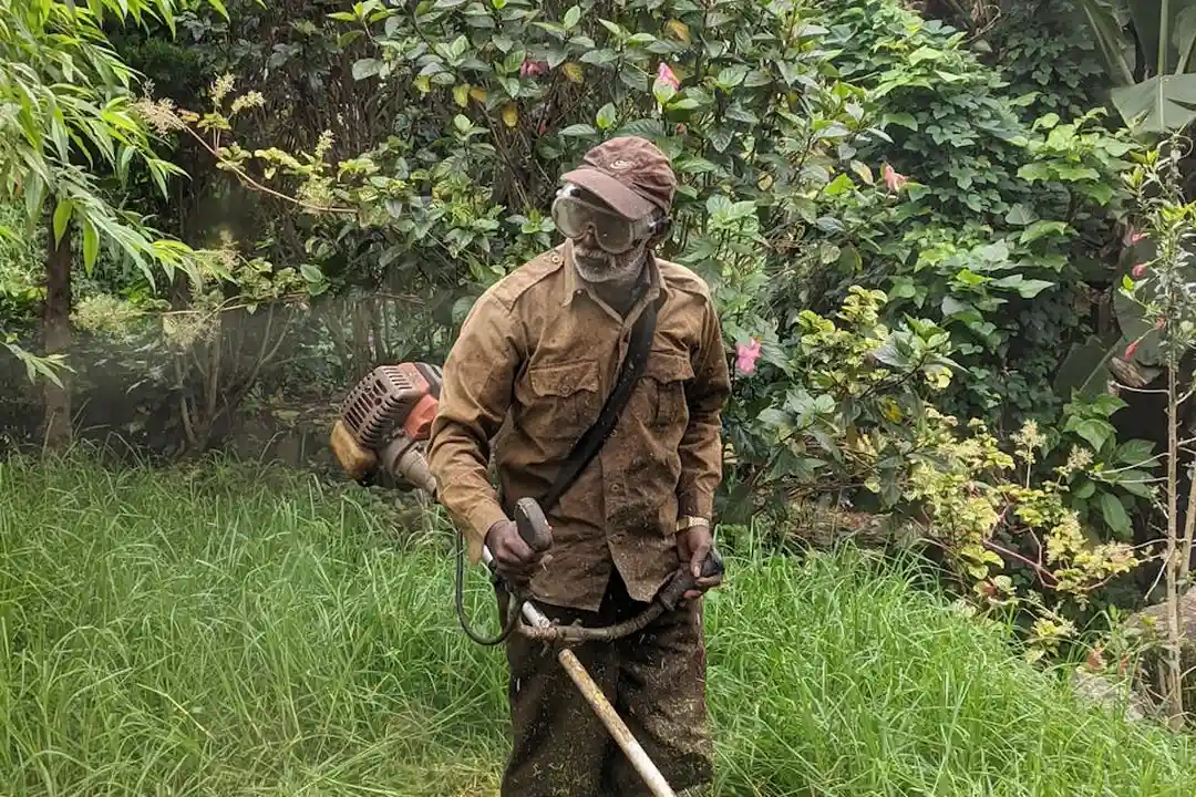 Person wearing protective suit, gloves, goggles, and a mask using a gas-powered weed trimmer in a grassy yard.