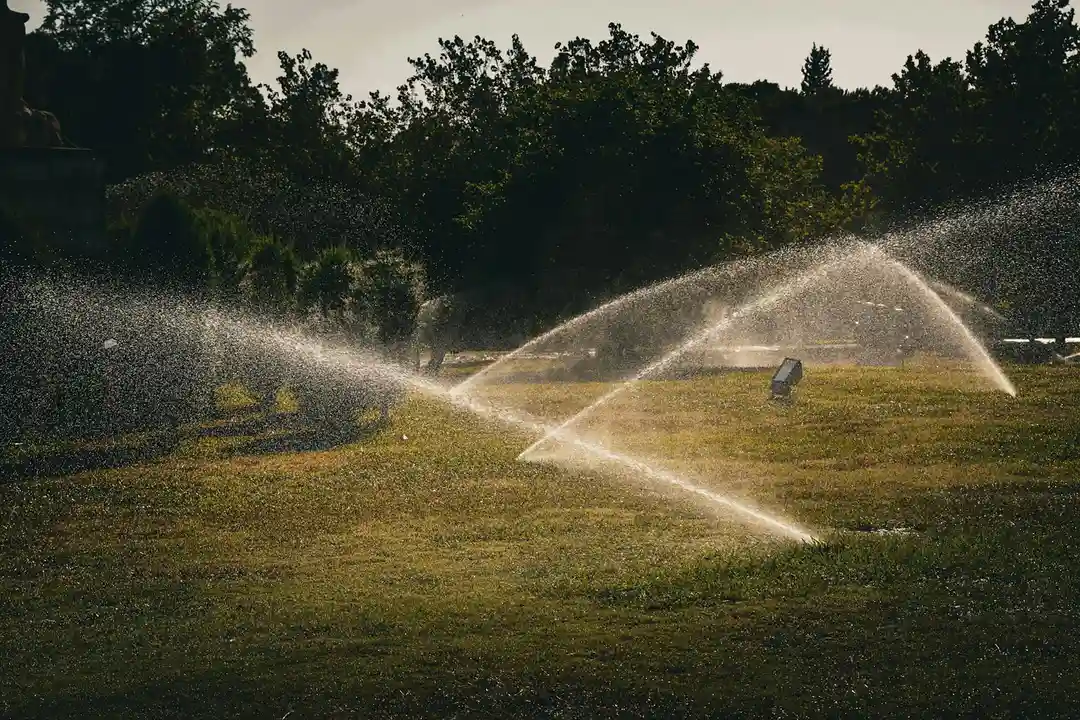 Overhead sprinkler system watering a lawn with multiple spray arcs