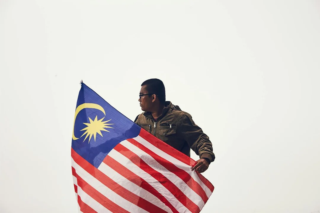 Person wearing sunglasses holds a large flag with a blue canton and red-and-white stripes against a pale sky