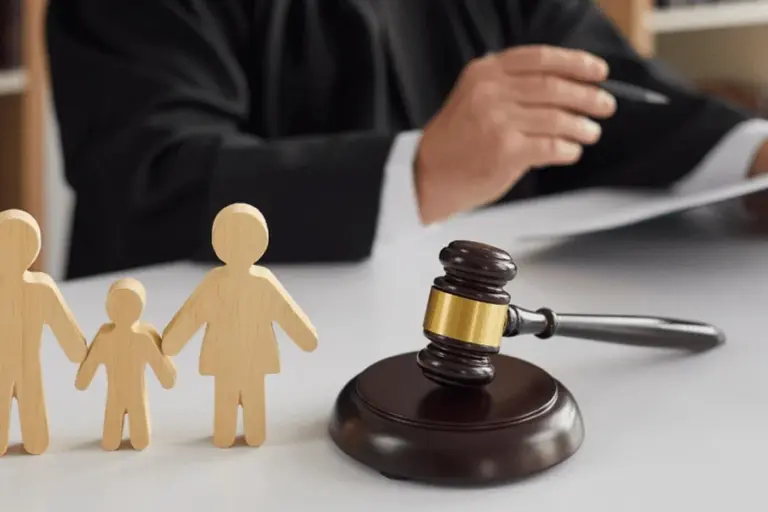 Gavel on a table beside wooden family figures and a person reviewing documents