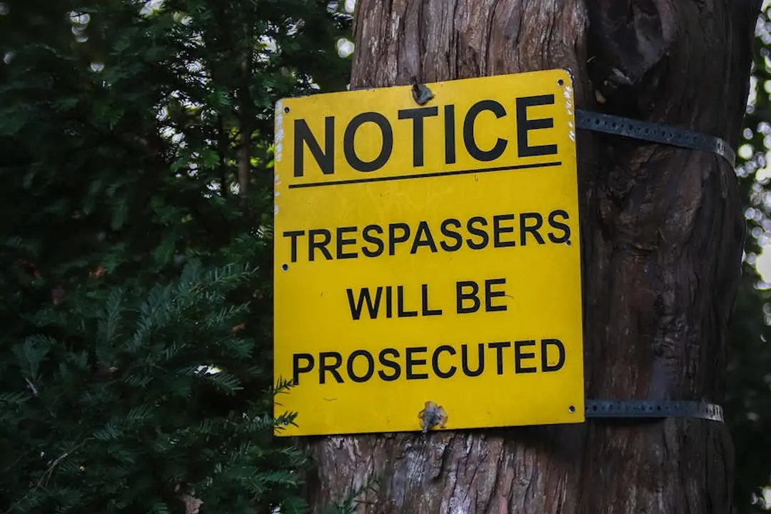 Yellow warning sign reading 'NOTICE TRESPASSERS WILL BE PROSECUTED' attached to a tree.