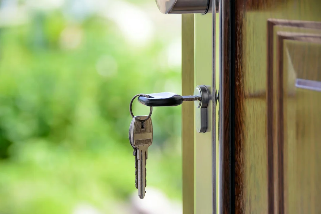 Keys hanging from an open front door with a blurred green background