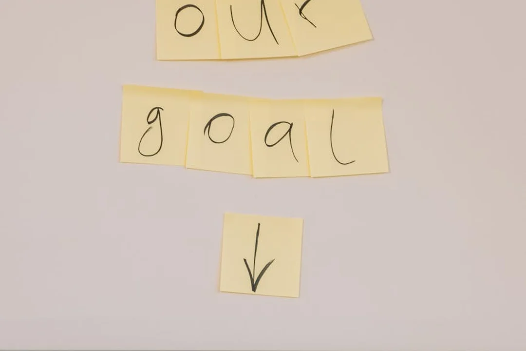 Sticky notes spelling 'our goal' with a downward arrow, illustrating a step-by-step approach to solving HOA problems.