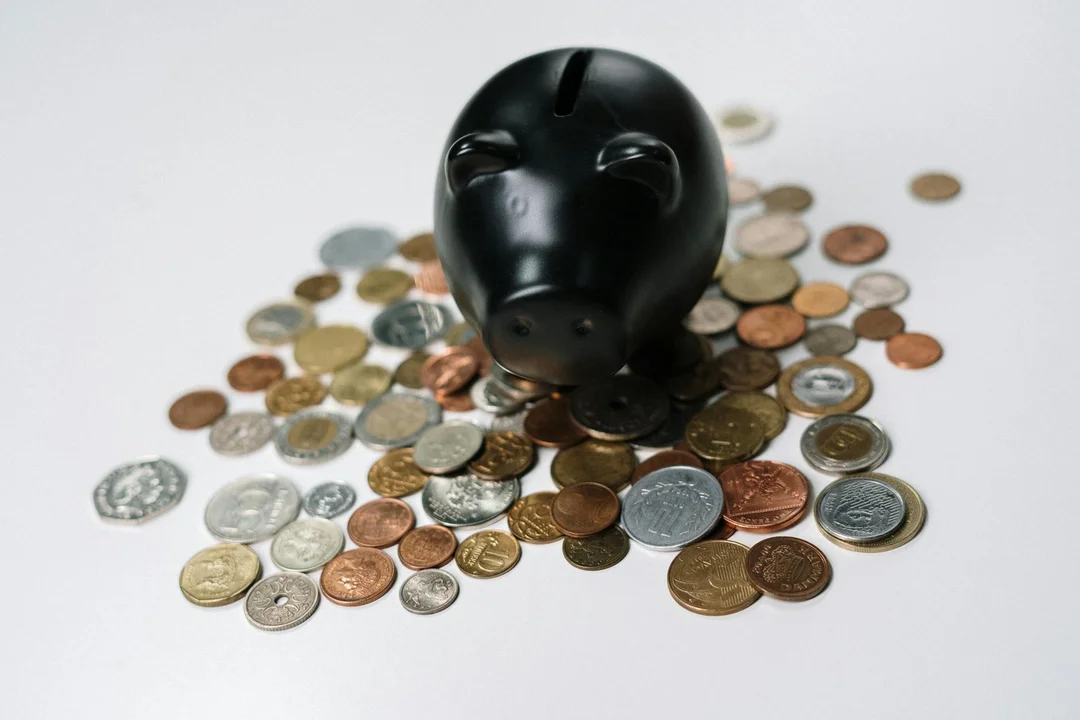 Black piggy bank surrounded by coins, illustrating HOA reserve funds and potential future assessments.