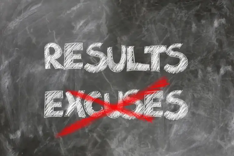 Chalkboard with the word 'RESULTS' and the word 'EXCUSES' crossed out in red, symbolizing accountability in HOA financial health.