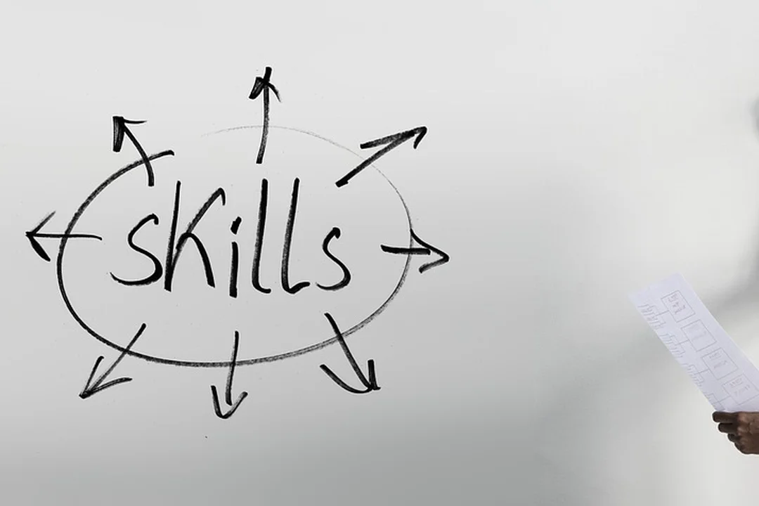 Whiteboard sketch with the word skills in the center and multiple arrows radiating outward.