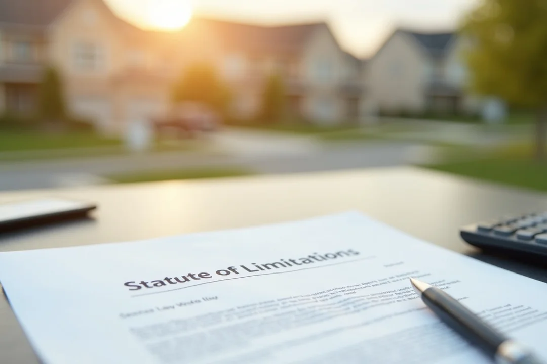 Document titled 'Statute of Limitations' on a desk with a pen, with a blurred suburban neighborhood in the background.