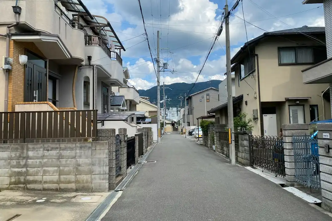 A quiet residential street with modern houses, fences, and overhead power lines; mountains in the distance.